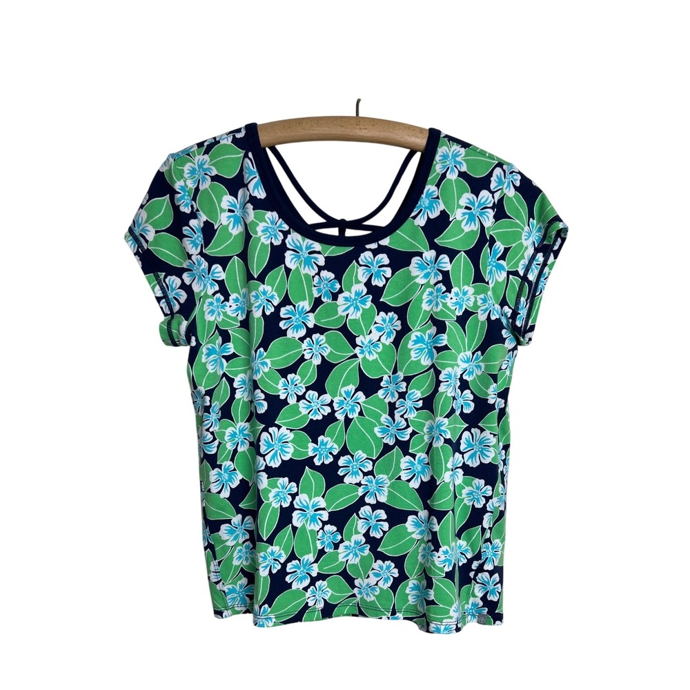Talbots T by Talbots Top Womens MP Blue Green Floral Strappy Back Activewear E02